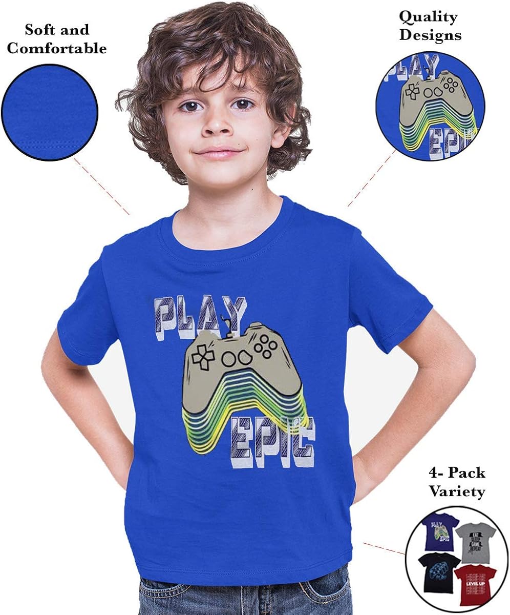 BROOKLYN VERTICAL 4-Pack Boys Short Sleeve Crew Neck T-Shirt with Chest Print | Soft Cotton Sizes 6-20: Clothing
