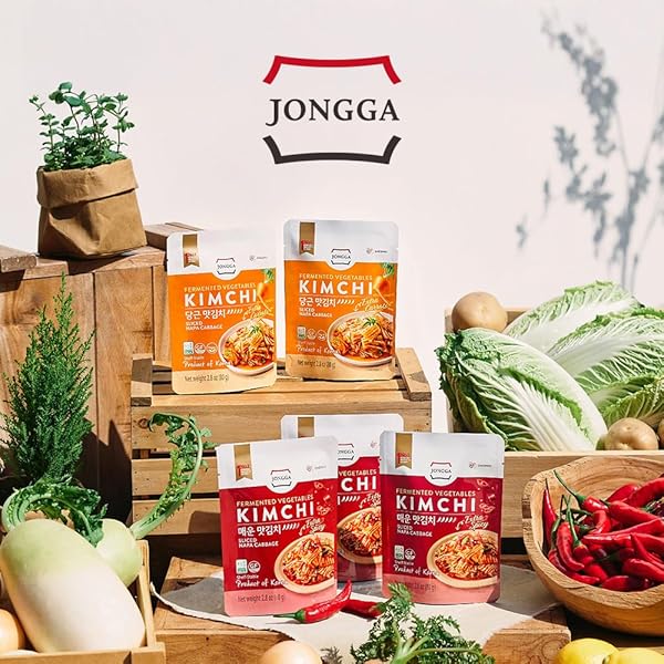 SPICY PREMIUM FERMENTED KIMCHI NAPA CABBAGE [ FUN SIZE POUCH PACK OF 8] – [ORIGINAL] – (GLUTEN FREE / KETO / VEGAN) | 0 FAT/ 0 SUGAR/ 0 CHOLESTEROL | LONG SHELF LIFE | PERFECT FOR RAMEN & STIR-FRIES – JONGGA