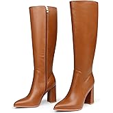 COLETER Women's Knee High Boots Pointed Toe Chunky Gogo Boots Zipper Block Heeled Tall Dress Boots
