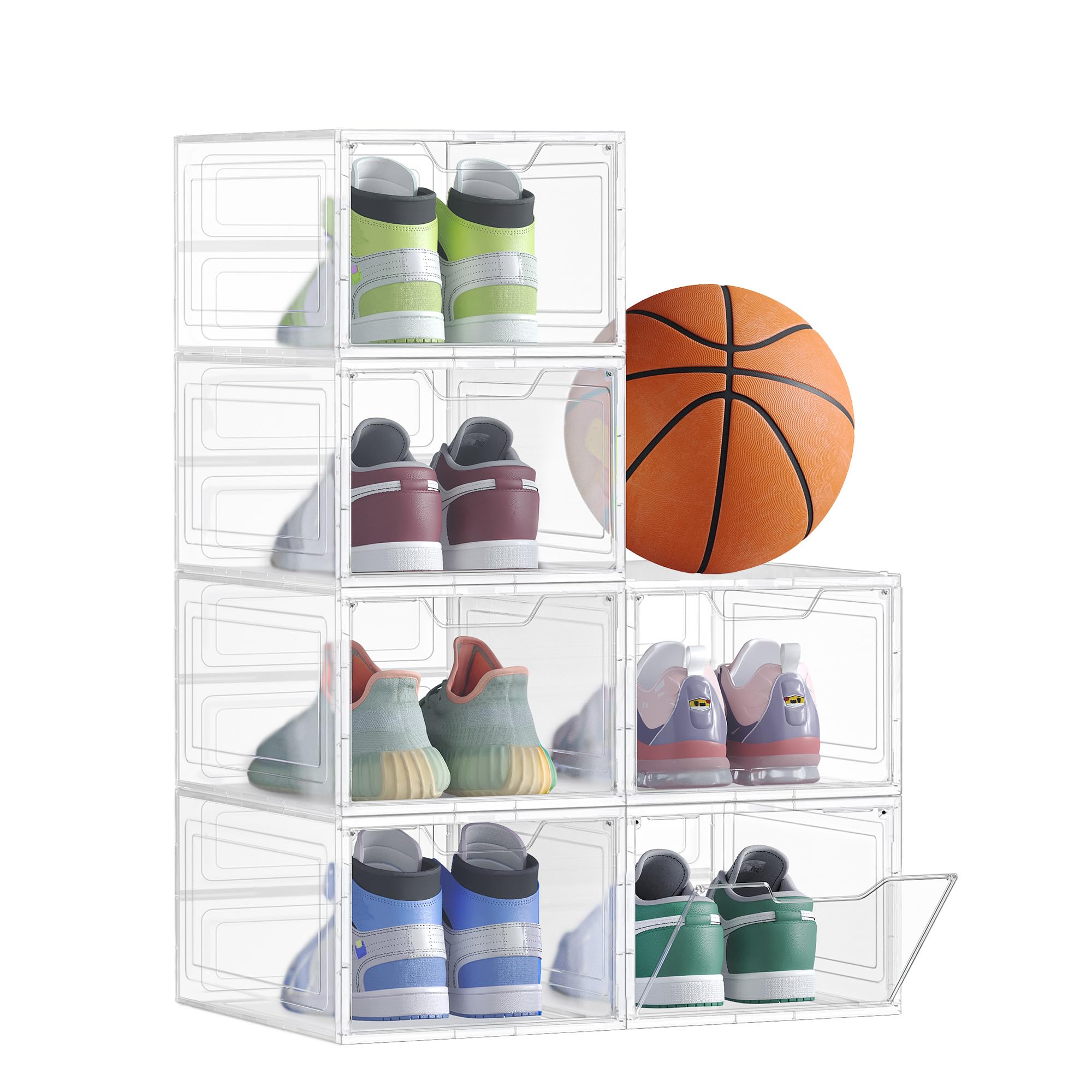 SONGMICS Shoe Boxes, Plastic Shoe Storage Organisers with Clear Doors, Set of 6, Stackable, Easy Assembly, 27 x 34.5 x 19 cm, up to UK Size 10, White LSP032W06