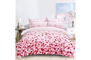 Djoymock Queen Size Valentine's Day Sweet Heart Pattern 3 Piece Duvet Cover Set, Girls Pink Heart Gradient Design Duvet Cover Anniversary Mood Soft Microfiber Bedding Set with 2 Pillow Cases
