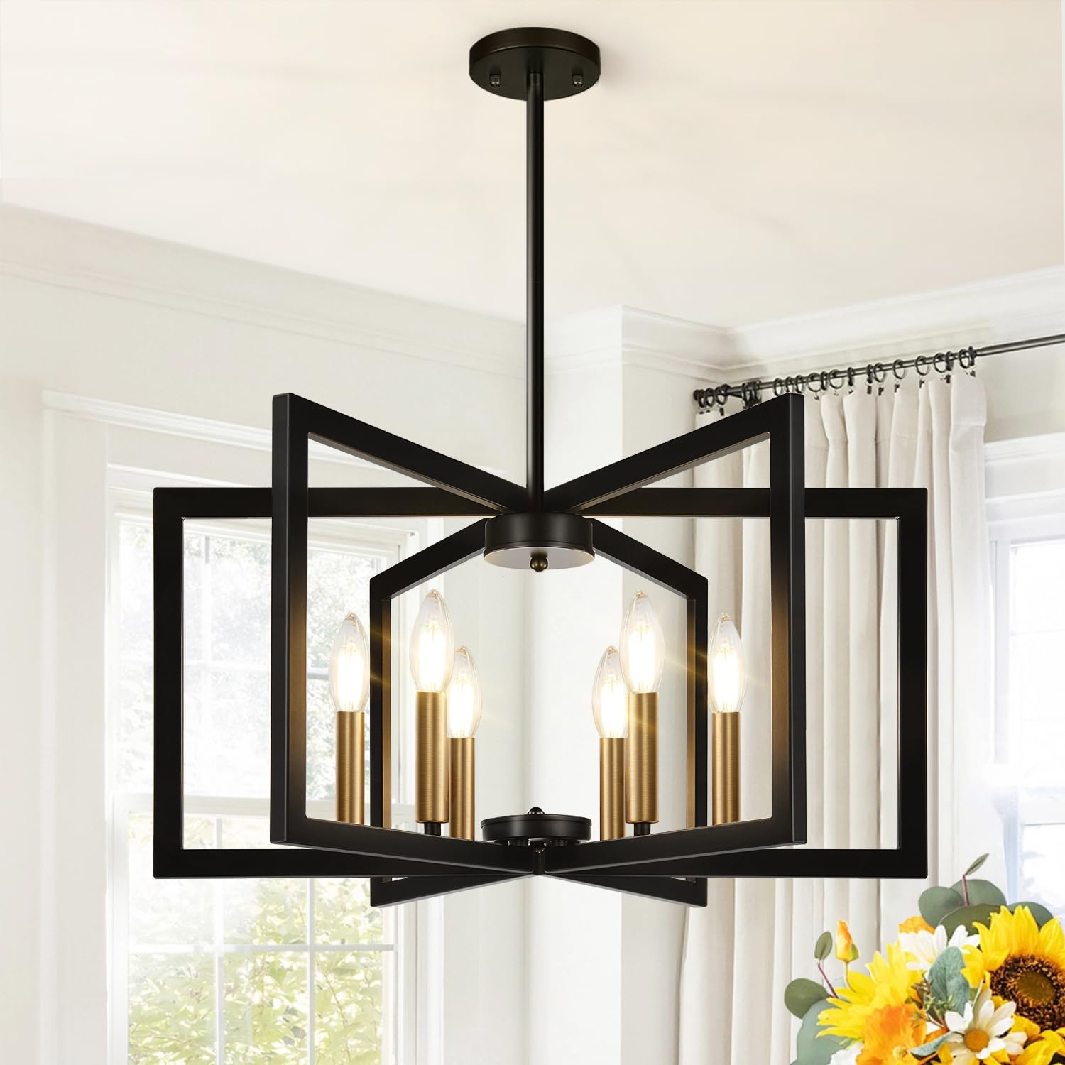 Photo 1 of 25" Modern Black and Gold No Assembly Required Chandelier for Dining Room, Black and Gold Dining Room Light Fixture Over Table, Industrial Metal Hanging Pendant Light for Kitchen Island, Entryway
