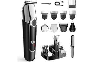 7d24hcare Beard Trimmer for Men - 5 in 1 Kit Electric Razor, Nose Hair Trimmer with LED Display, Cordless Mustache Body Face Grooming Kit, Waterproof Rechargeable Beard Shaver
