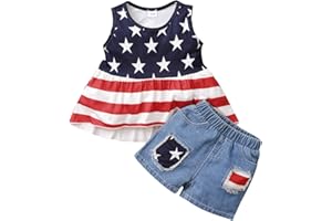 QLIPIN 4th of July Toddler Girl Outfit American Flag Shirt and Ripped Denim Shorts Baby Girl Patriotic Summer Clothes