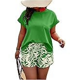 SOLY HUX Women's Plus Size 2 Piece Outfits Summer Printed Short Sleeve Blouse Tops and Shorts Set