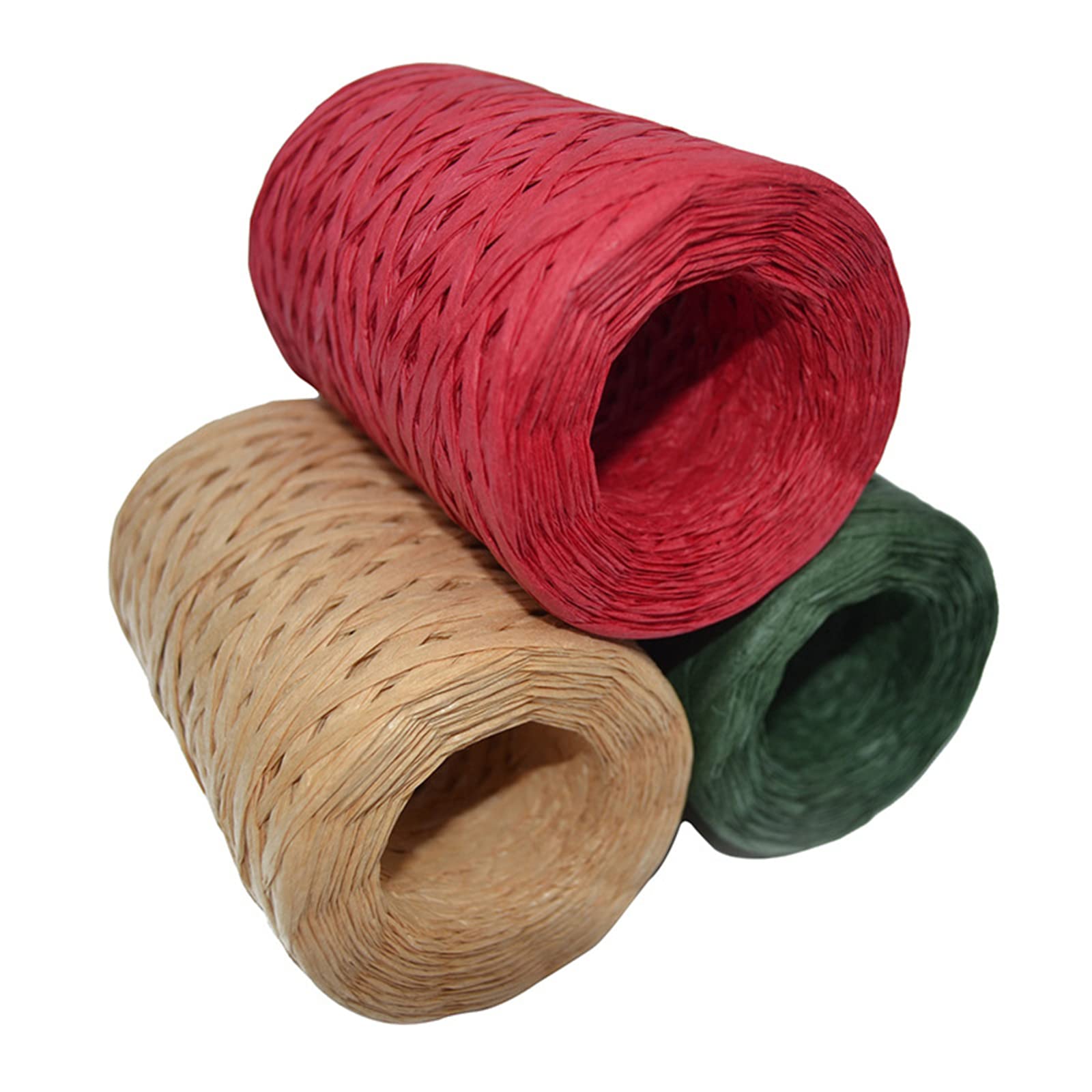 3 Rolls 100M Christmas Matte Raffia Paper Ribbon, Natural Red Green Raffia Paper Ribbon Xmas Raffia Twine for Gift Wrapping