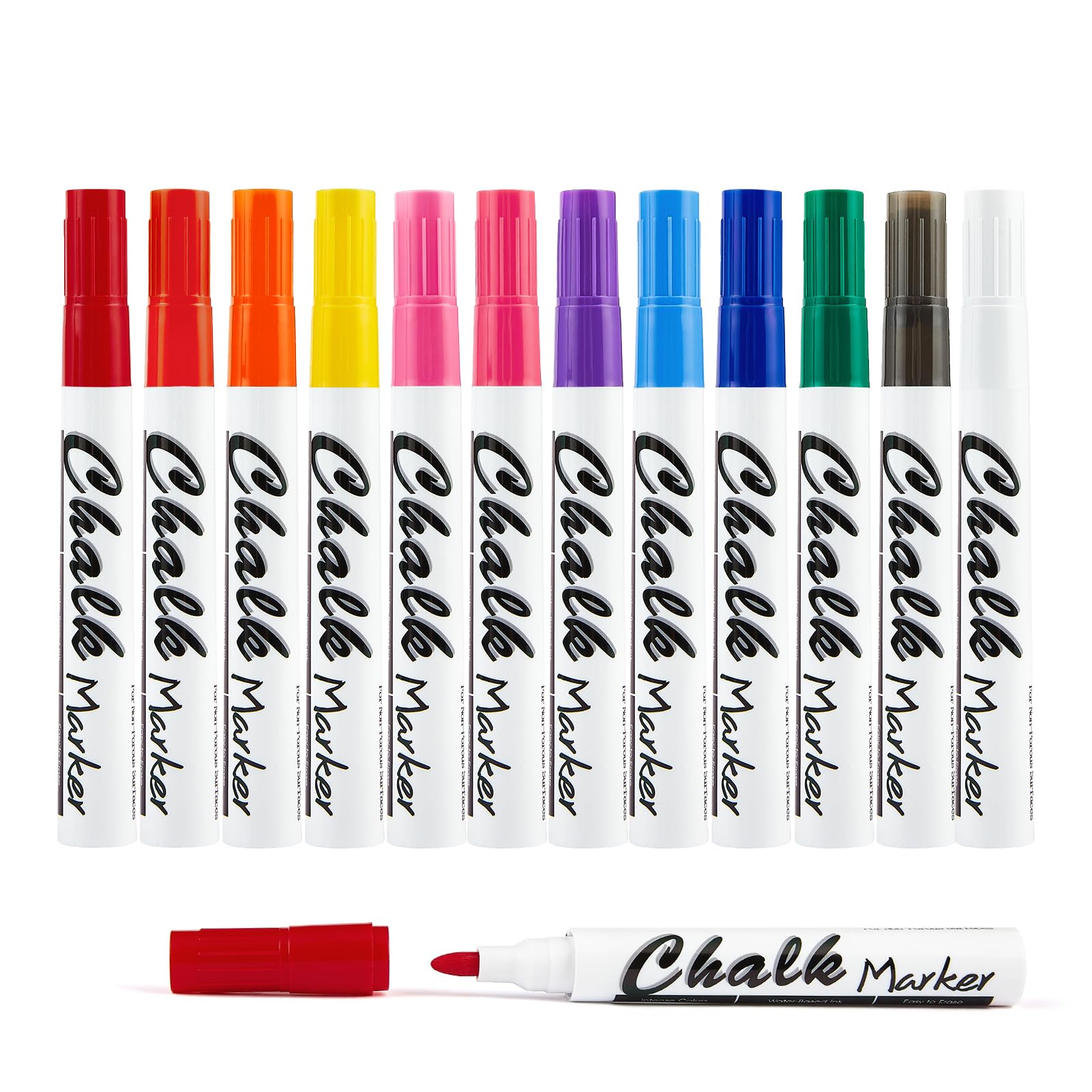 Volcanics Liquid Chalk Markers – Pack of 12 Bright Colours, Fine Tip Chalk Pens for Blackboard, Chalkboards, Windows, Glass, Erasable Wet Wipe Neon Ink, Ideal for Teachers Office & Home Use
