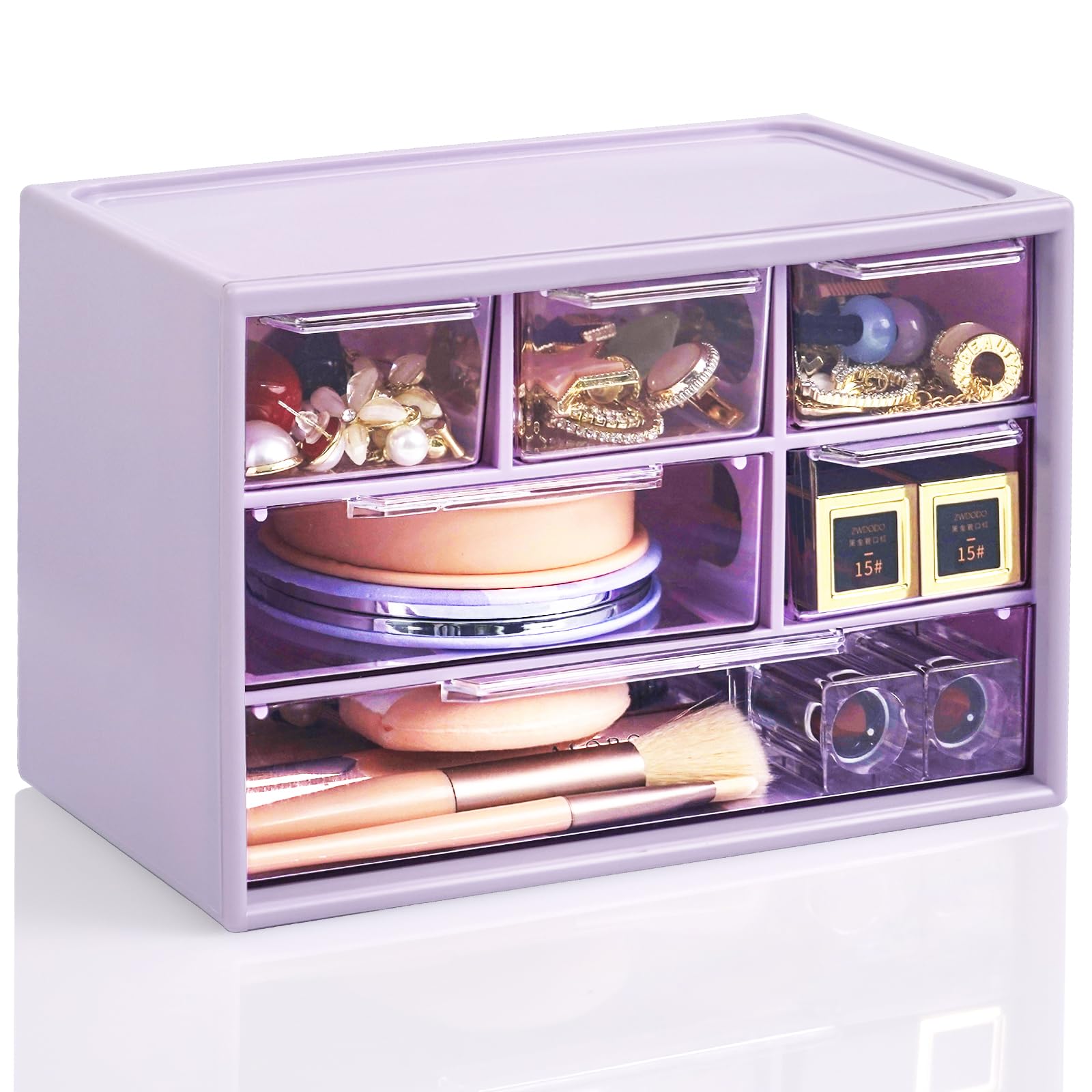 Photo 1 of Desk Storage Organizer with 6 Mini Drawers, FODIENS Stackable Desktop Craft Drawer Cabinet, Clear Storage Box Caddy for Makeup Jewelry Office Craft Supplies (Purple)