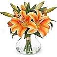 Hollyone Fall Artificial Flowers in Vase Tiger Lily Real Touch Orange Silk Faux Flowers Arrangements with Glass Vase with Faux Water Fake Floral Bulk Lily Bouquet Shelf Table Centerpiece Home Decor
