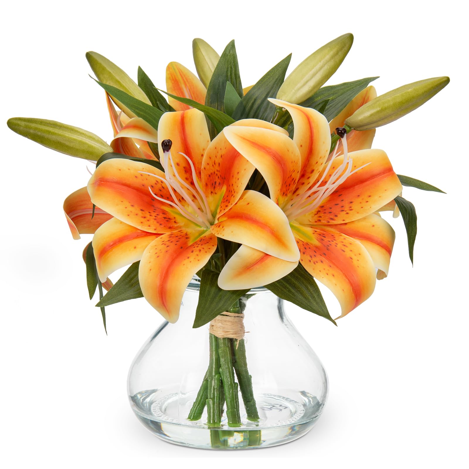 Photo 1 of Hollyone Tiger Lily Fall Flowers Artificial for Decoration in Vase Real Touch Orange Autumn Silk Faux Flowers Arrangements with Glass Vase with Fake Water Lily Centerpiece Fall Decorations for Home