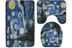 ZKJSMGS Van Gogh Starry Night 3 Piece Bath Rug Sets,Oil Painting Abstract Art Blue Sky White Cloud Star Moon Scenery 17.8"x29.5"Bath Rug,Toilet Seat Cover, U-Shaped Toilet