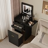 ARTETHYS Small Black Makeup Vanity Desk with Flip-top Mirror for Bedroom | Black 3 in 1 Vanity Desk Set with Fold-up Panel &amp; Storage Chair Mini Dressing Table for Compact Tiny Space