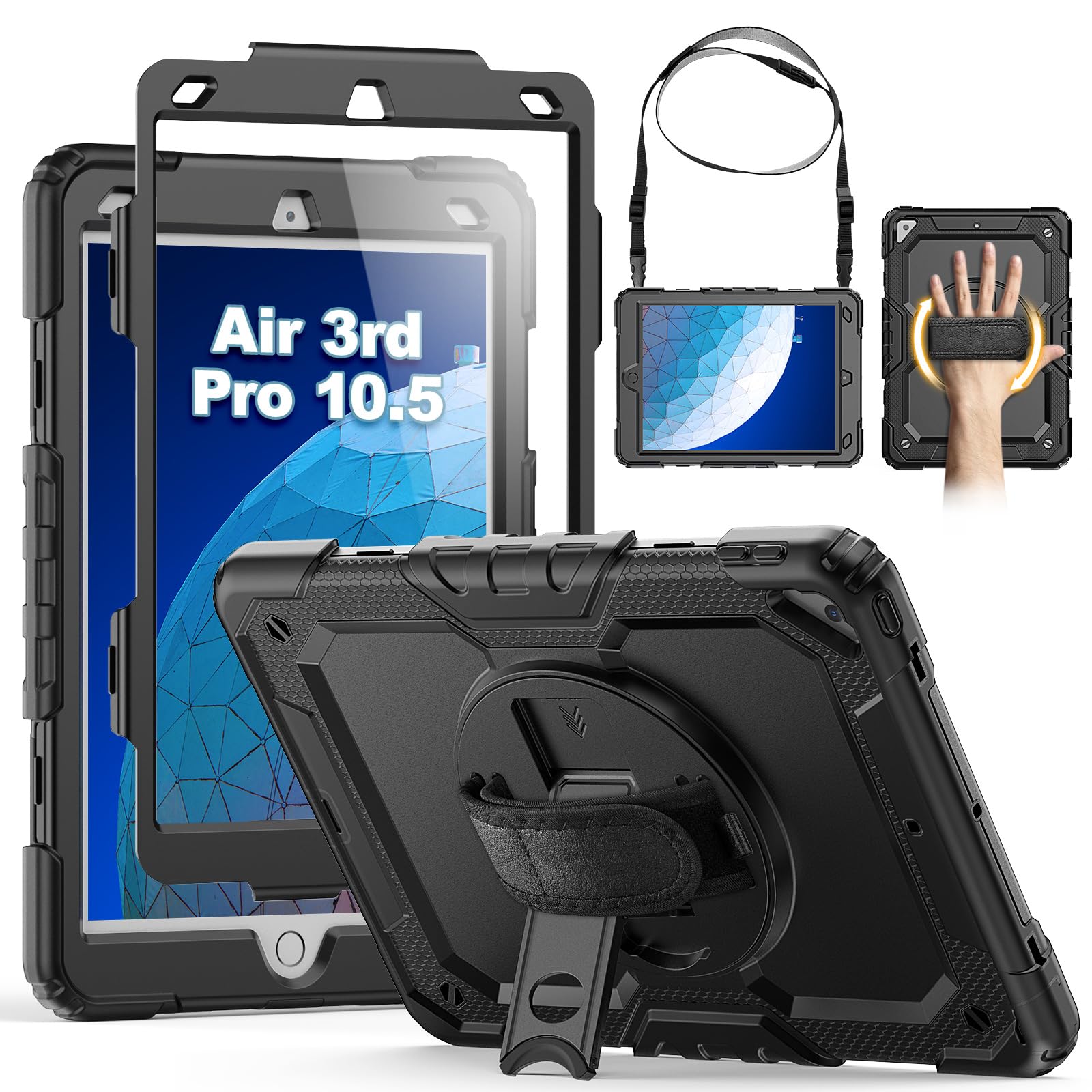 SEYMCY Case for iPad Air 3rd Generation 2019/ iPad Pro 10.5 inch Case 2017, Full-body Shockproof with Screen Protector, 360° Rotating Hand Strap & Stand, Pencil Holder, Shoulder Strap, Black — image 1