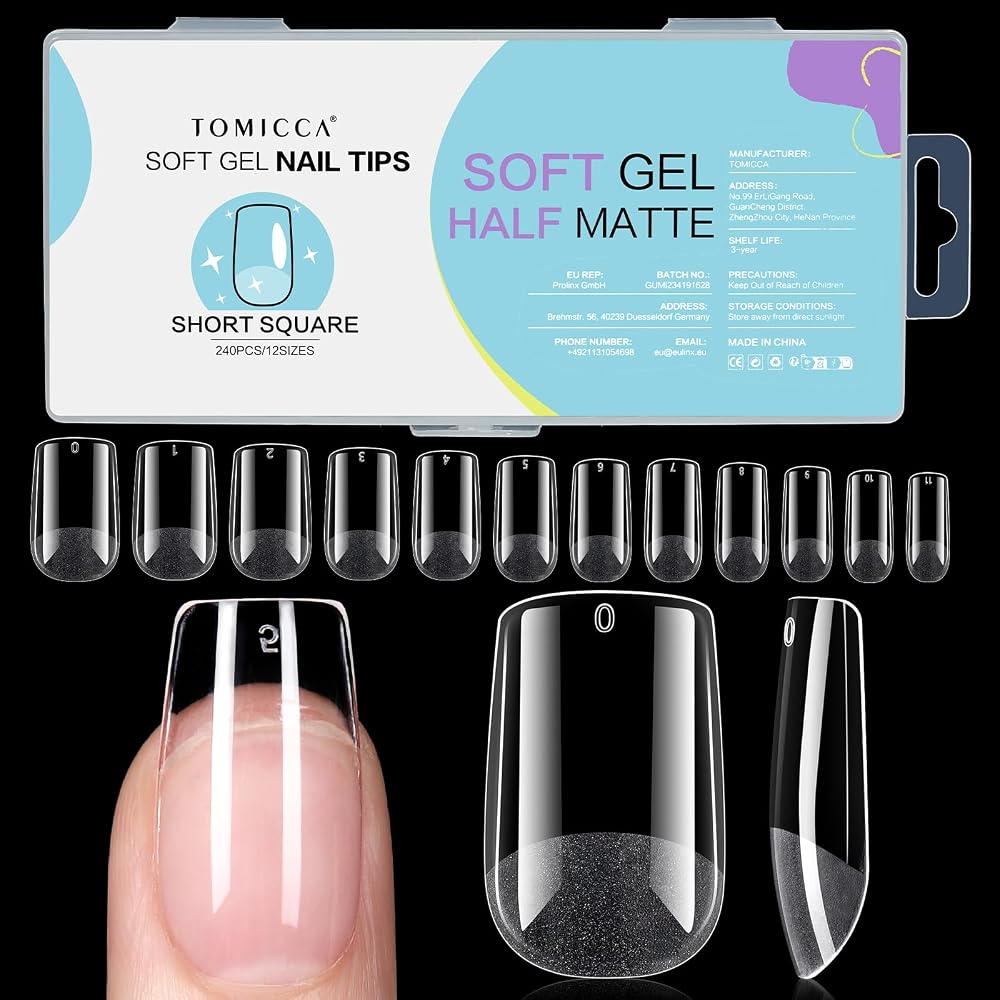TOMICCA Square Short Nail Tips 240Pcs Half Matte Full Cover Clear Acrylic