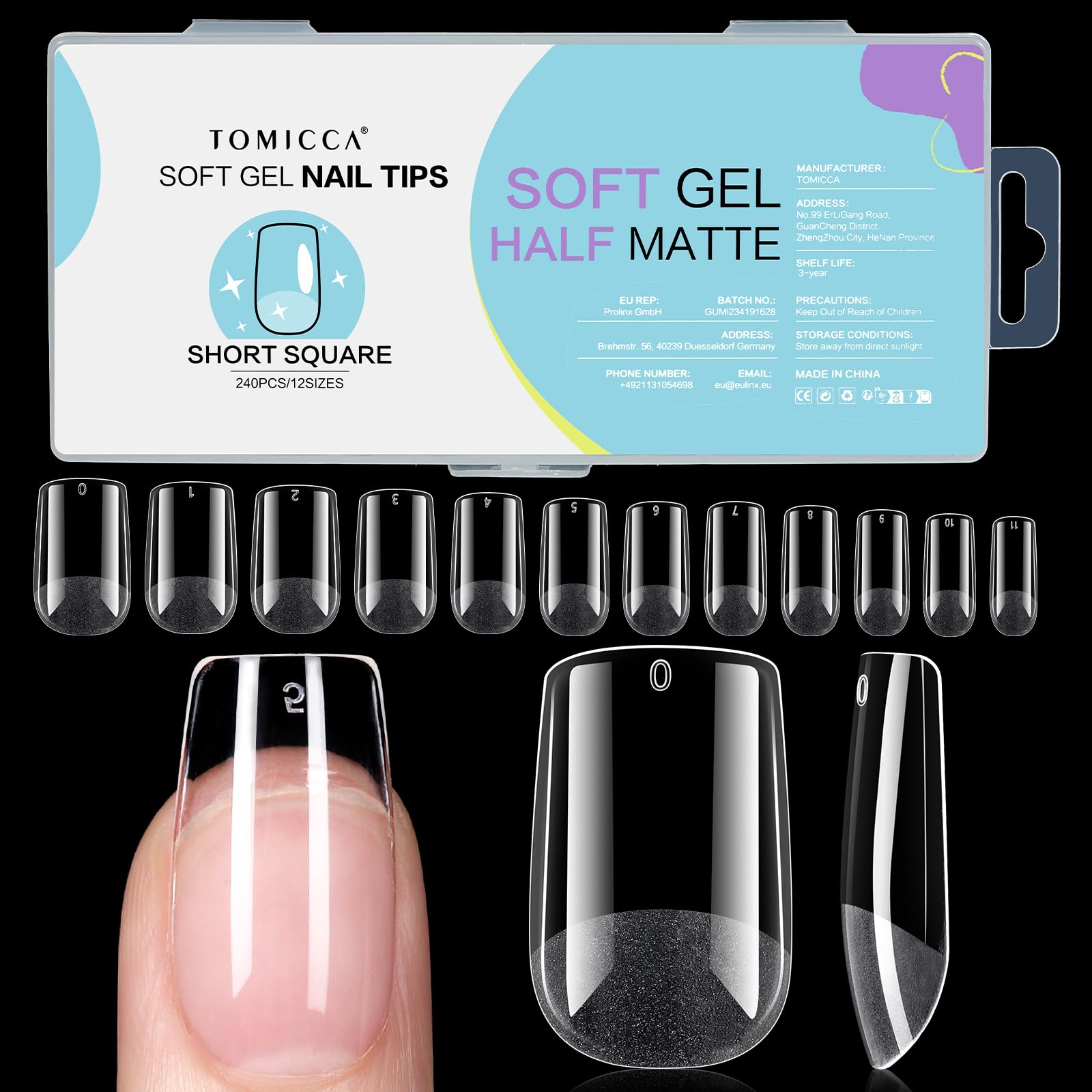 TOMICCA Square Shaped Short Nail Tips - 240PCS Half Matte Soft Gel, No File Needed- Full Cover False Nails, Clear Acrylic & Strong Tips for Press On Extension - 12 Sizes — image 1