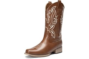DREAM PAIRS Women's Square Toe Cowboy Cowgirl Boots Pull On Low Chunky Heel Mid Calf Western Boots with Embroidered Stitched for Theme Party Country Concert