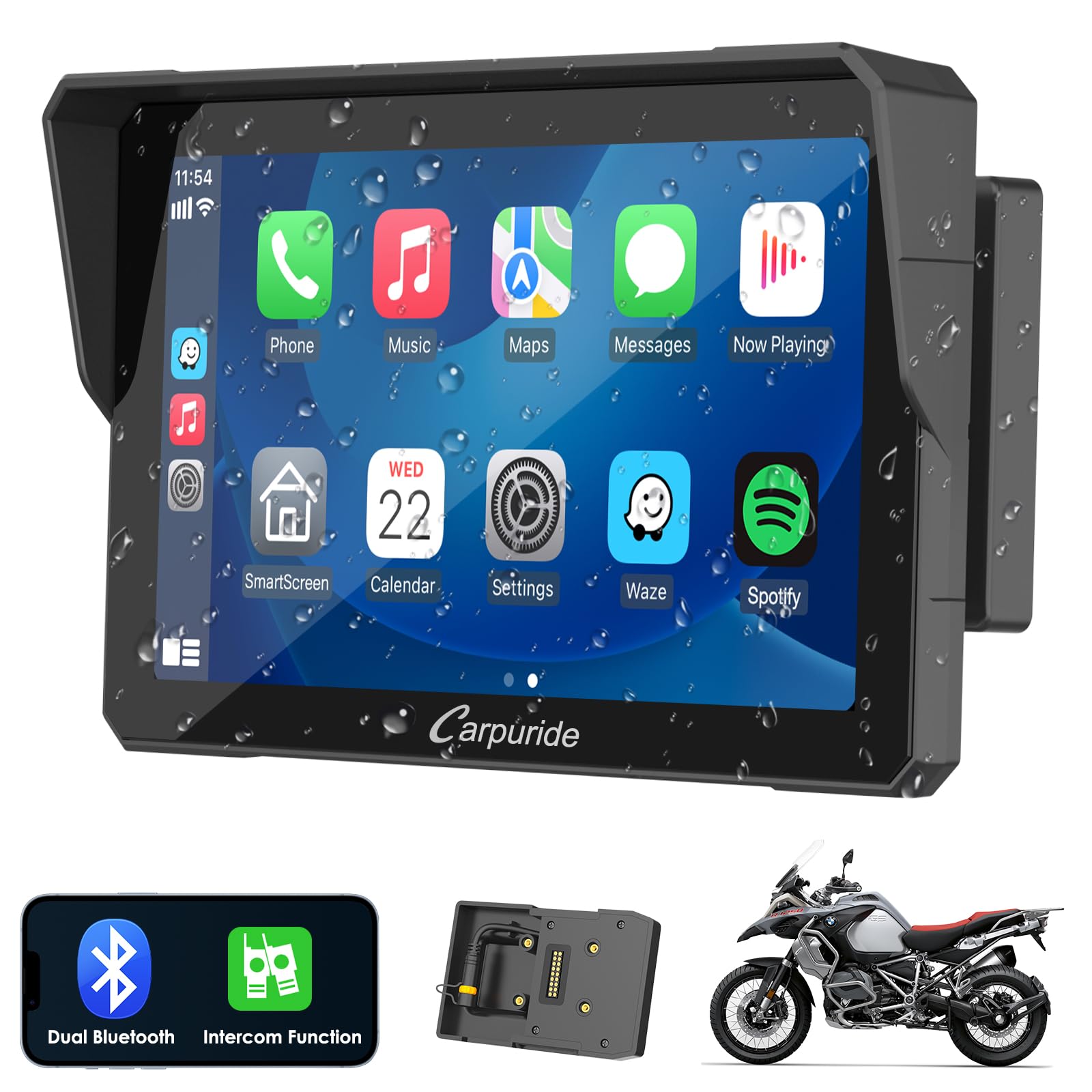 Carpuride W702B Pro Motorcycle Carplay Screen with Mount for Moto R1200GS R1250GS, Wireless CarPlay and Android Auto, 7 inch Waterproof Touchscreen, Dual Bluetooth, Intercom Function, Navigation.