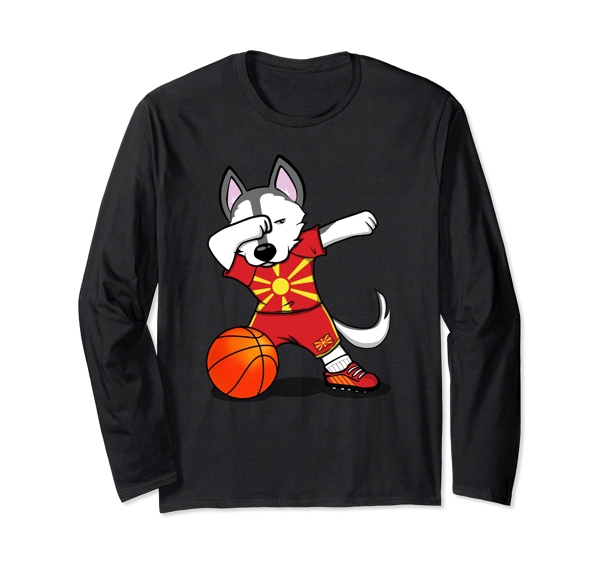 Funny Dabbing Husky Dog Macedonia Basketball Fan Jersey Flag Long Sleeve T-Shirt