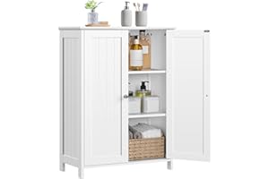 Yaheetech Bathroom Floor Cabinet, Modern Storage Freestanding Organizer Cabinet with Adjustable Shelves & Double Doors, 3-Tier Home Living Room Furniture, White