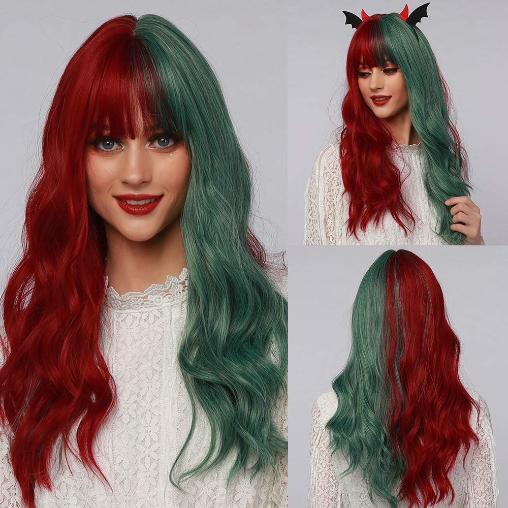 Esmee 22 Inches Women Synthetic Wigs Long Wavy Red/Green with Fluffy Air Bangs Light Cosplay Halloween Party Wigs
