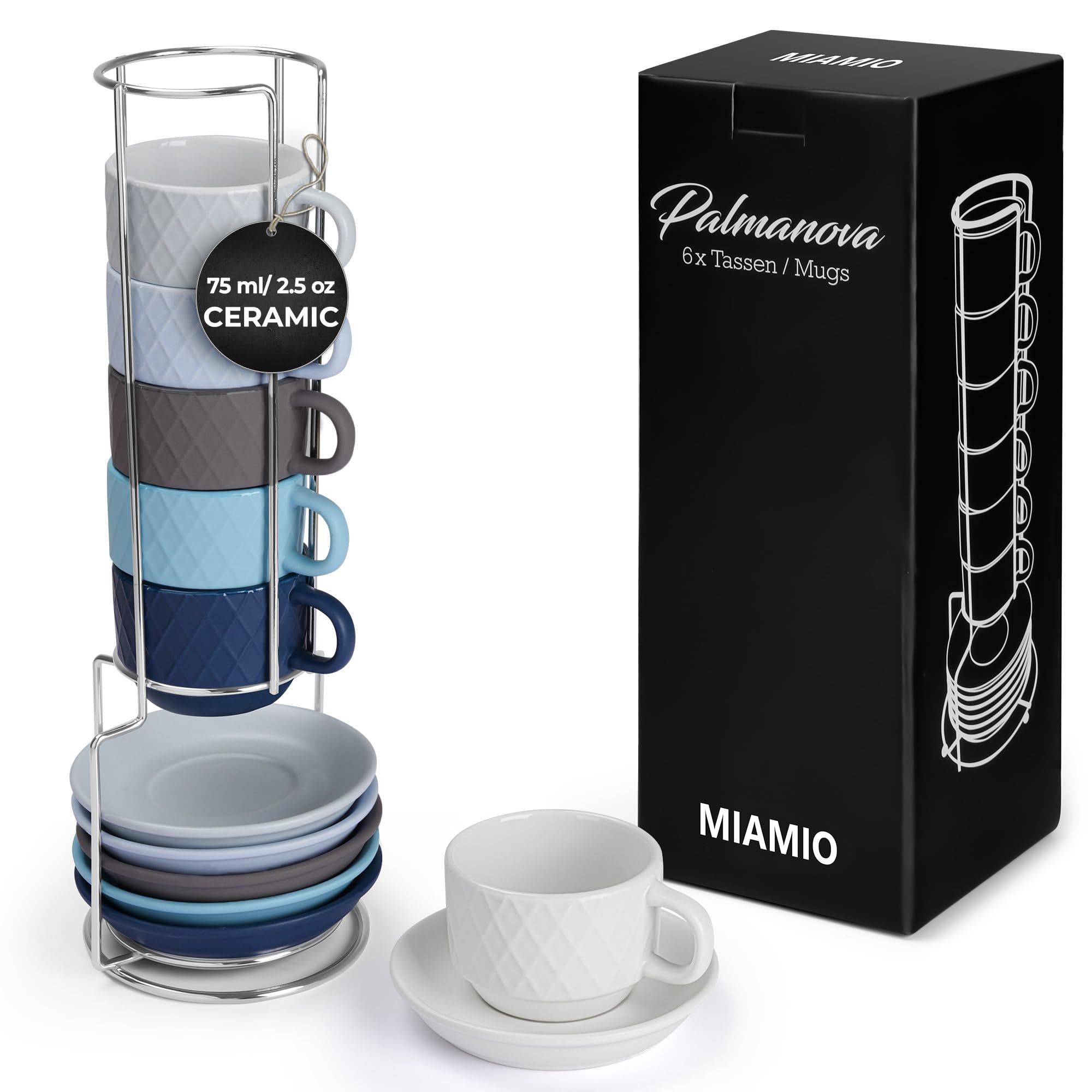 MIAMIO - 6 x 75 ml Stoneware Espresso Mug, Cup Set Modern with Stand and Saucers - Palmanova Collection (Ocean Blue)