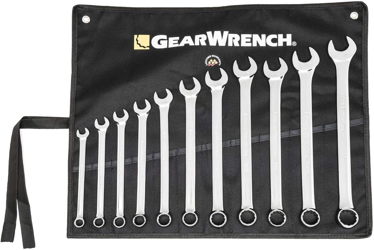 GEARWRENCH Long Pattern Combination SAE Wrench Set with Tool Roll, 11
