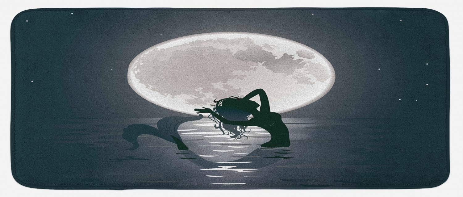 Ambesonne Underwater Kitchen Mat, Mermaid Singing at Night Silhouette Full Moon Rays Mythical Ornament Art Print, Plush Decorative Kitchen Mat with Non Slip Backing, 47" X 19", Black Grey