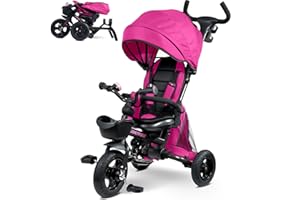 RIDYEE 7-in-1 Folding Toddler Tricycle for 18 Months to 5 Years, Tricycle Stroller with Dual Brakes, All-Terrian Rubber Tire, Tricycle for Toddlers with Rotatable Seat, Adjustable Push Handle, Pink