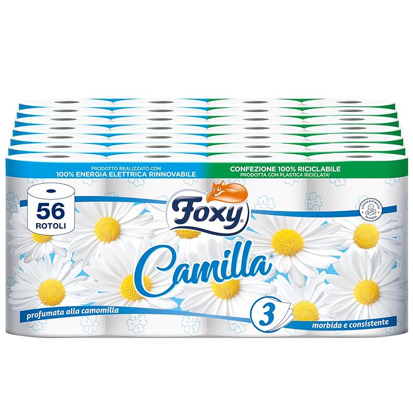 Foxy Camilla | Carta igienica 3 veli profumata alla camomilla | 56 rotoli | 160 strappi