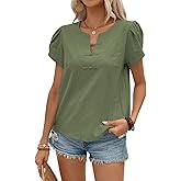 Falechay Womens Tops Short Sleeve Shirts for Women Blouses Dressy Casual Cute Summer Tops 2025 Trendy Green Petal T Shirts V Neck Tunic Blouse Basic Tee Spring Cotton Vacation Fall Tulip Beach S