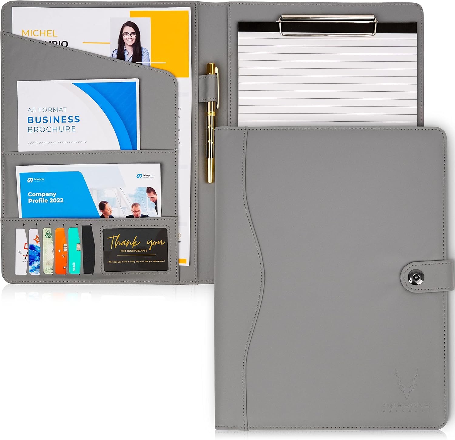 AMKSONS Portfolio Folder a4 in Grey with Clip Board and A4 Notepad - Premium PU Leather clipboard Folder with Document Compartments, Pen Holder, Flip Cover and Magnetic Closure — image 1