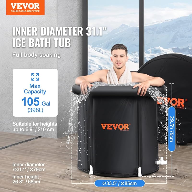 VEVOR 850 x 750 mm Banheira de Gelo para Terapia de Água Fria para Atletas, Piscina de Imersão Exterior Portátil com Barril de Gelo para Recuperação, 330 L com Cobertura, Preto — foto 2 de 8
