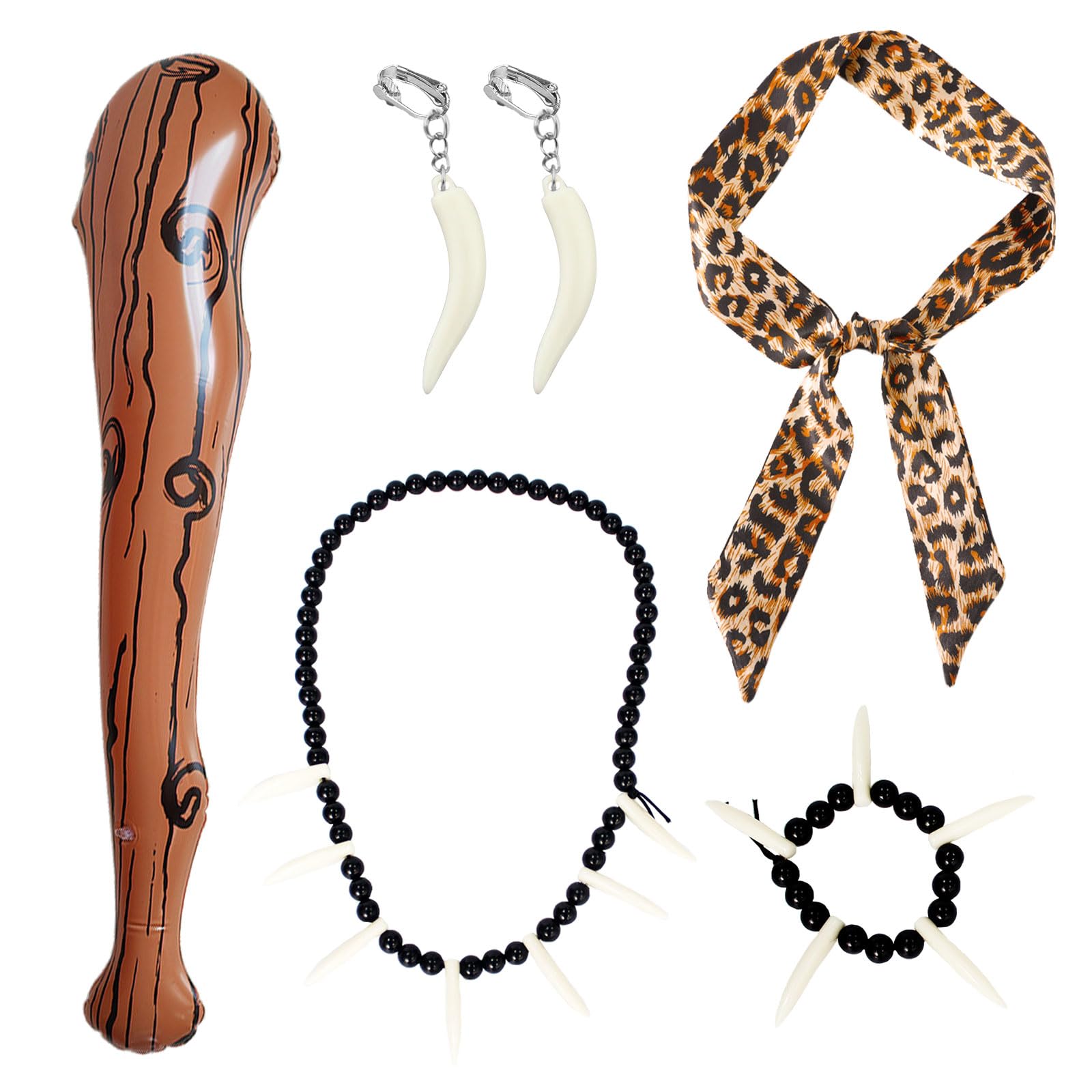 EUPSIIU 5 Pieces Wild Caveman Costumes Inflatable Mace Leopard Headband Ivory Bracelet necklace Earrings Cave Costume accessories Prop Caveman Stick for Stone age Halloween Costumes (5 pcs)