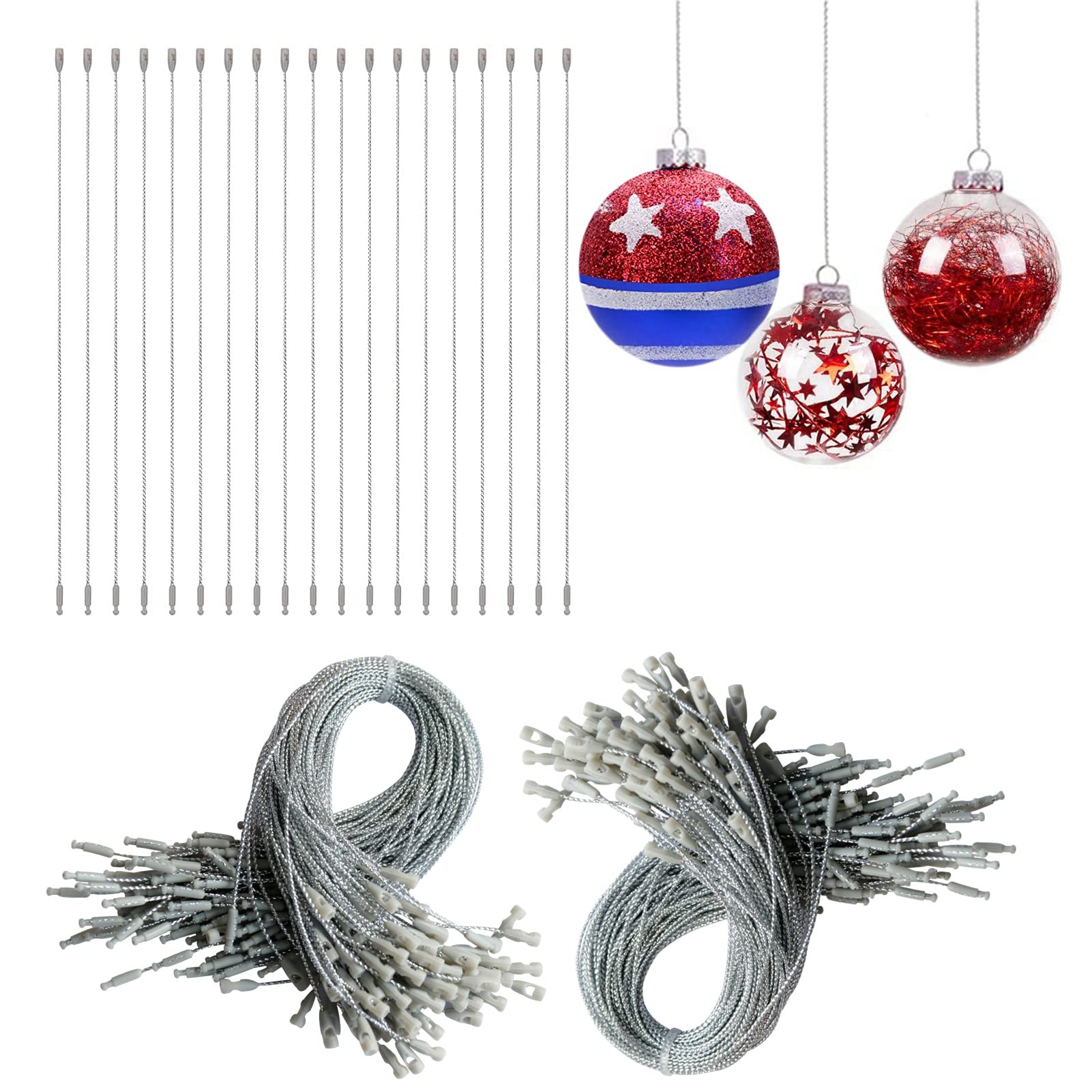 Photo 1 of 200Pcs Silver Ornament Hooks Ornament Hangers Ribbon Ornament String with Snaps Precut String Hangers Snap Fasteners Rope Hooks for Halloween Christmas Ornaments Price Tag Crafts Gift Tag