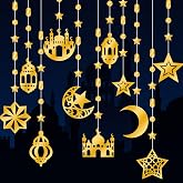 SerpizePaty 14Pcs Gold Star Moon Lantern Ramadan Decorations | 1m Eid Garlands Wall Decors, Eid Mubarak Banner Celling Decorations Hanging for Islamic Birthday Party Hanging Sign Supplies