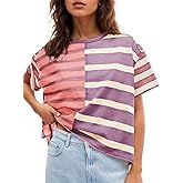 Tankaneo Womens Summer Striped Shirts Casual Color Block Short Sleeve Tops Loose Fit Crew Neck Tees