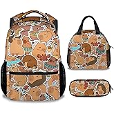 PAKKITOP Backpack with Lunch Box and Pencil Case Set, 3 in 1 Matching Kids Girls Boys Brown Backpacks Combo, Cute School Bookbag and Pencil Case Bundle