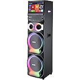 Dolphin Karaoke Machine with 2 Wireless Microphones, Dual 12" Woofers | 200W RMS, 15.4" Touchscreen, Android, Bluetooth, HDMI, WiFi, USB, TF, Voice Effects, Wheels, Remote Control Included