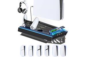 PS5 Wall Mount Kit with Charging Station for Edge & Dual Controller, 9 Light Modes PS5 Cooling Station with 3-Level Fan, PS5 