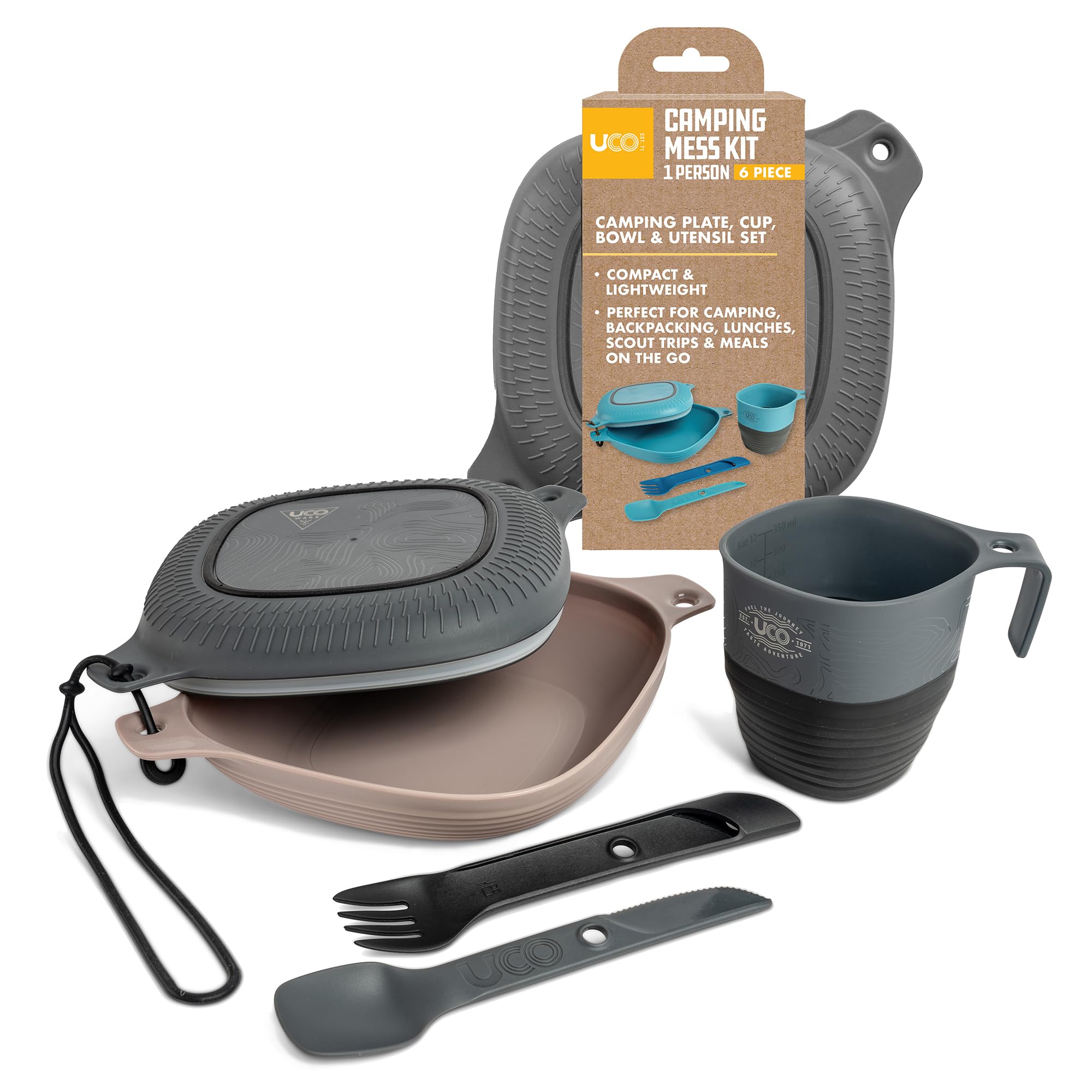 UCO Unisex's Mess Kit with Bowl, Plate, Camp Cup, and Switch Spork Utensil Set 6-Piece, Venture