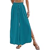 Bsubseach Cover Up Pants for Women 2025 Wide Leg Pants High Waisted Palazzo Beach Coverup Flowy Pant with Slits Trousers Peacock Blue