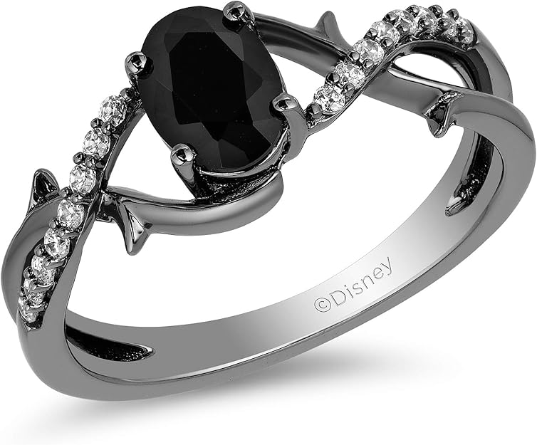 Jewelili Enchanted Disney Fine Jewelry Black Rhodium Over Sterling Silver 7x5 MM Oval Black Onyx