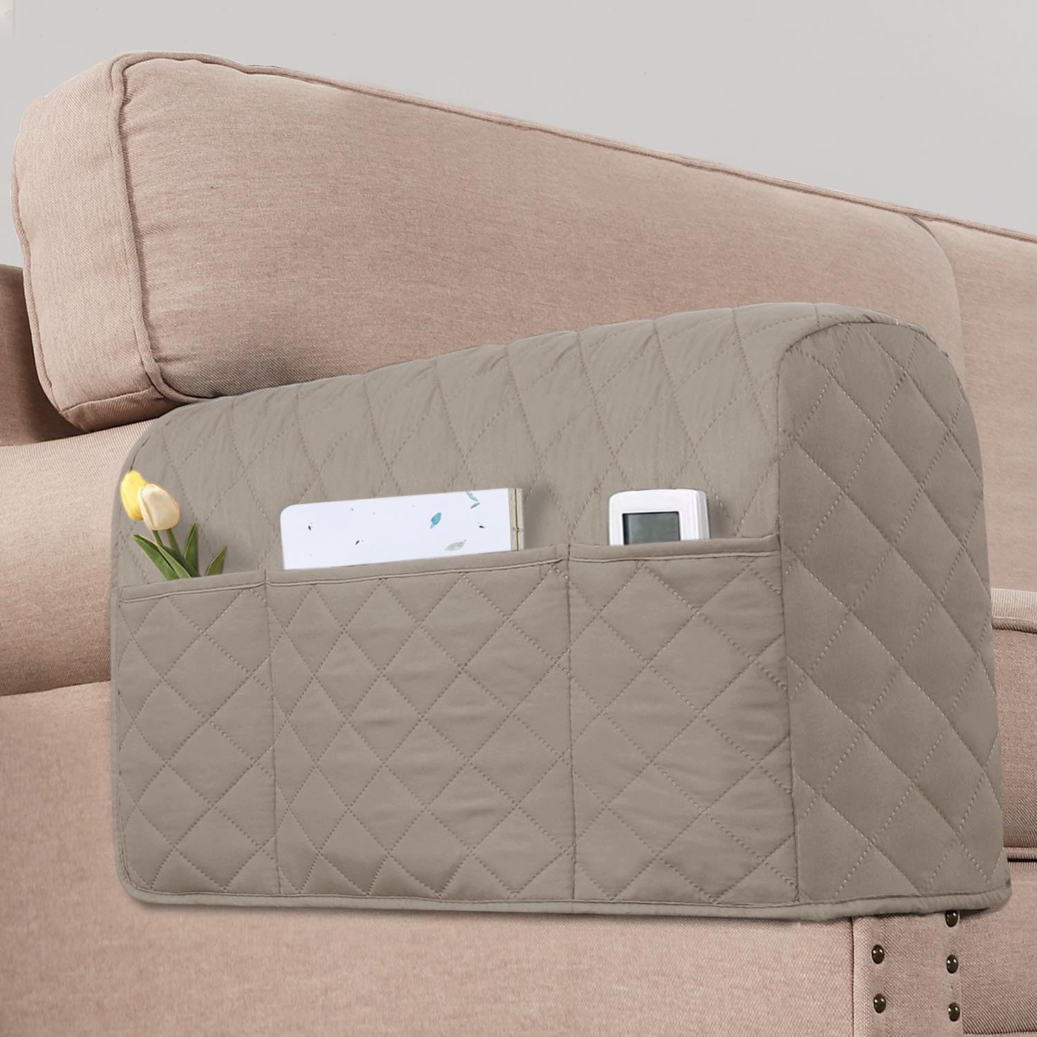 Photo 1 of H.VERSAILTEX Couch Arm Covers Water Resistant Armrest Covers for Sofa Remote Control Holder Sofa Armrest Organizer for Magazine, Tablet, Phone, iPad(Set of 2, Khaki/Beige)