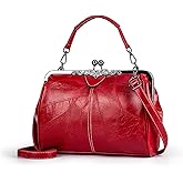 Women Vintage Hollow Handbag Oil Leather Shoulder Crossbody Bag Clutch Satchel Purse with Kiss Lock Closure