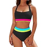 Blooming Jelly Womens High Waisted Bikini Sets Tummy Control Modest Two Piece Swimsuit Retro Sporty Color Block Bathing Suit