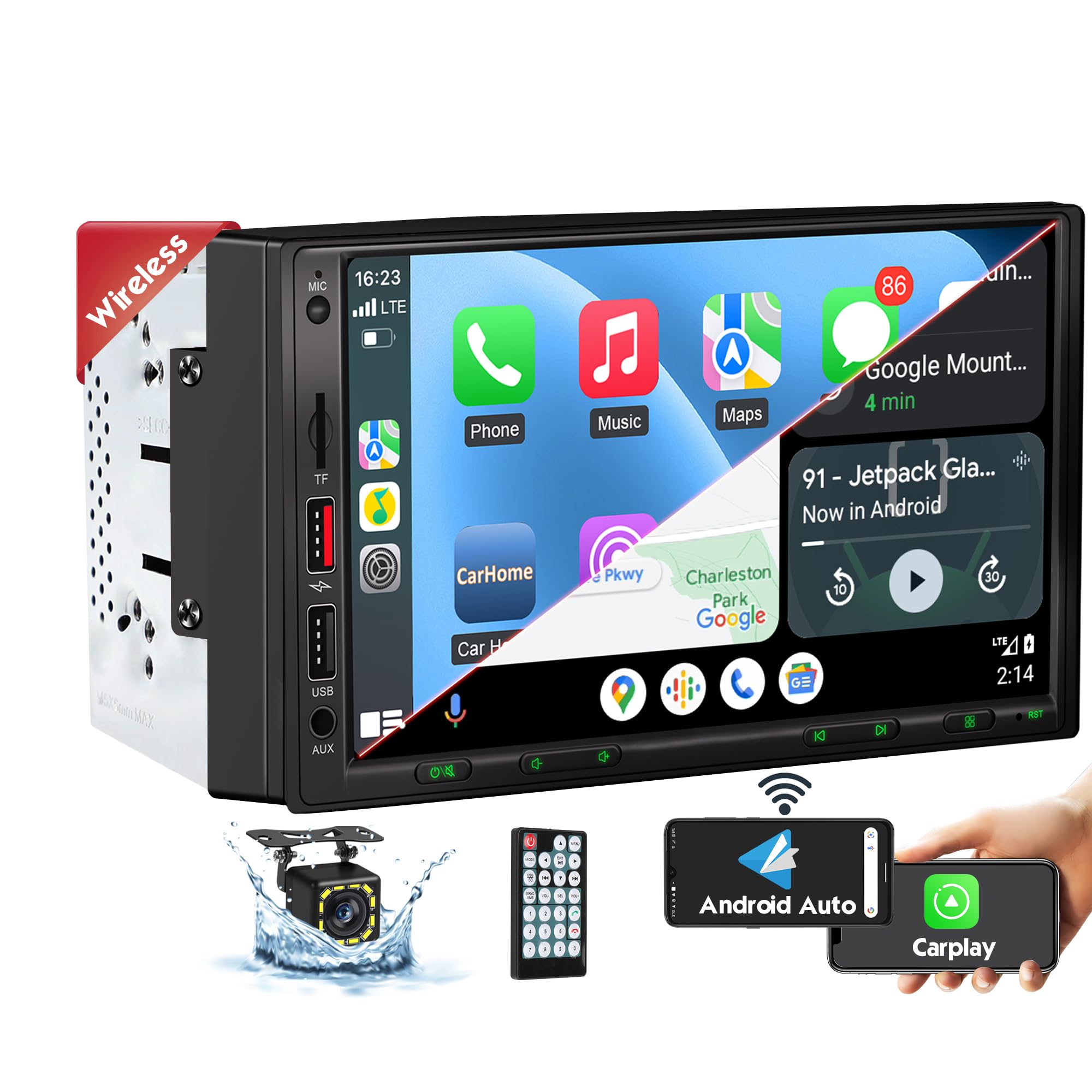 thumbnail image 2 of 7" QLED Double DIN Car Stereo With Wireless Android Auto & CarPlay, Bluetooth + Backup Camera 2 of 5