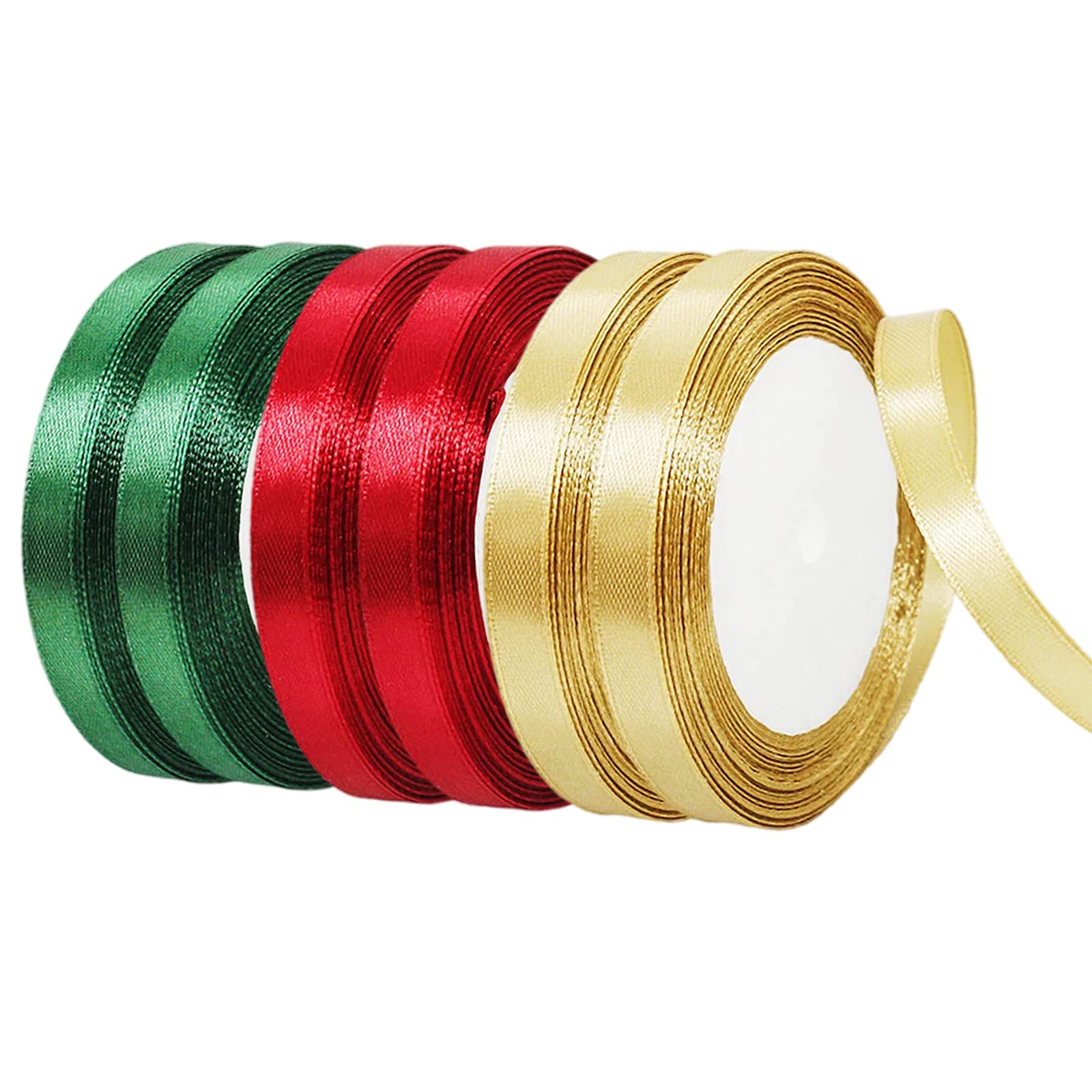 6 Rolls Burgundy Red, Dark Green, Gold Ribbon 10mm for Christmas Wrapping, Crafting, Cake, Hair Bow, Balloon, Wedding Car Ribbon 22M, Double Sided Thick Satin