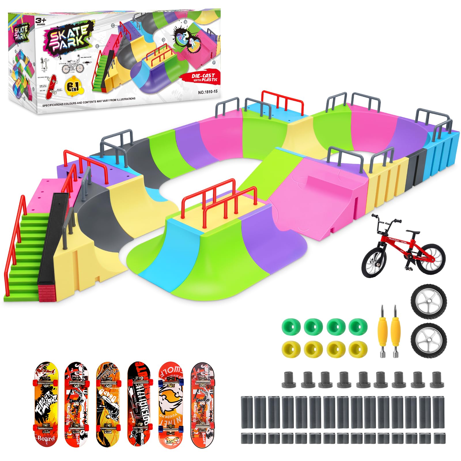 MOMSIV Finger Skateboard Park Set, 57pcs with 6 Skateboards, 31 Ramps, 1 Bicycle - Large Training Gift Toy for Ages 6+