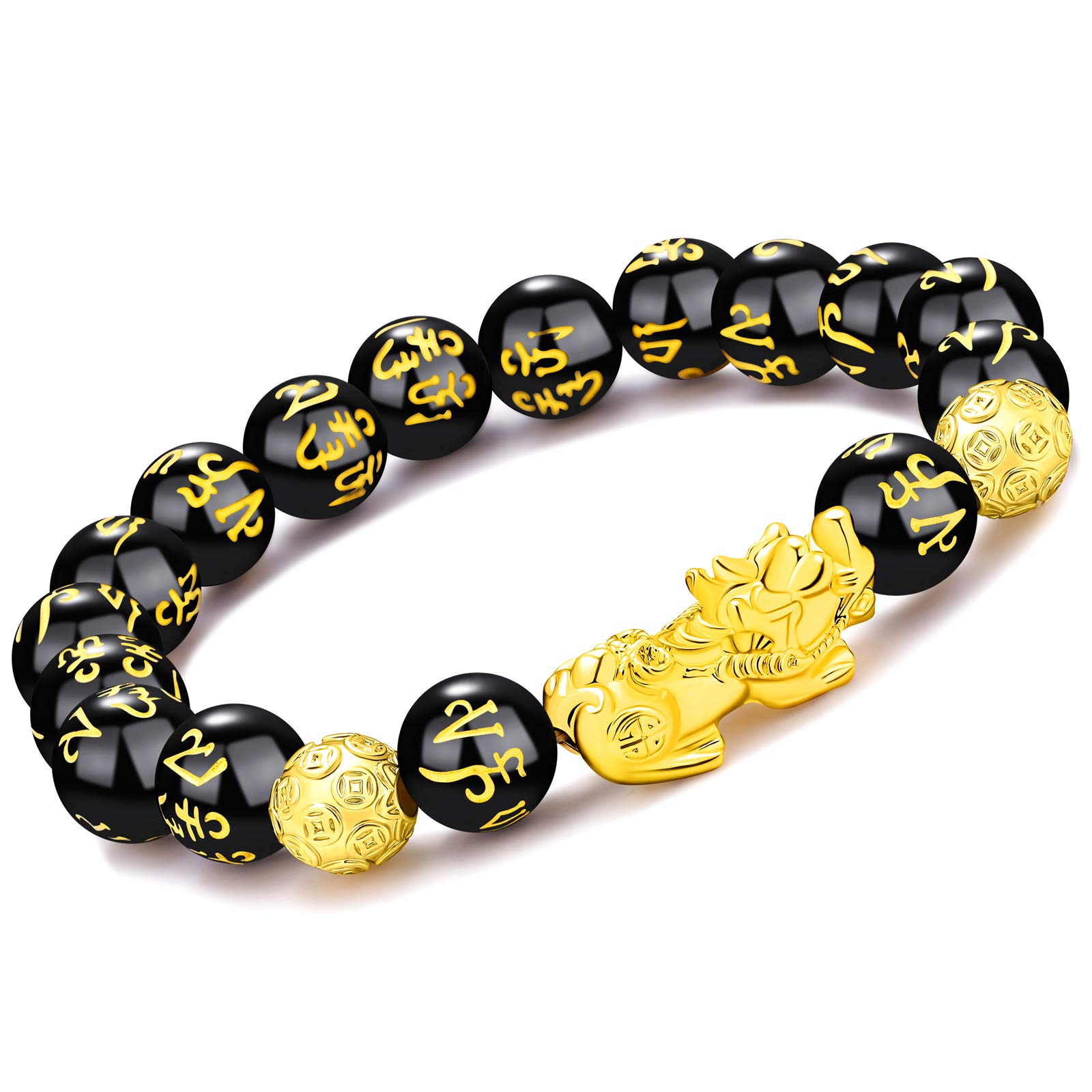 Feng Shui The Best 10mm Black Hand Carved Mantra Bead Bracelet with Golden Pi Xiu/Pi Yao Lucky Wealthy Amulet Brecelet