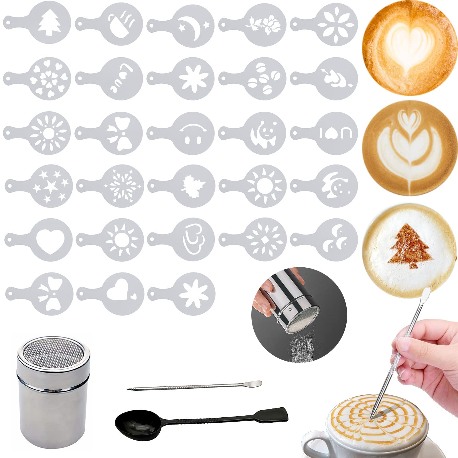 28PCS Coffee Stencils, Stainless Steel Chocolate Shaker Duster for Cappuccino with Measuring Spoon, Latte Art Stencil Pen Coffee Barista Accessories Latte Hot Chocolate Cocoa Coffee Art Toppers — image 1